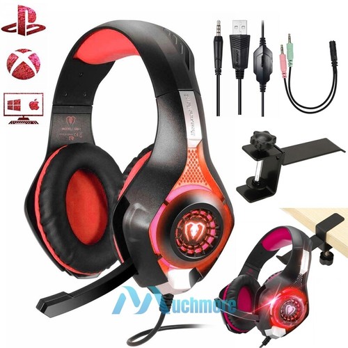 Wired 3.5mm LED Gaming Headset Mic Stereo Bass Headphone Headband+Holder Hanger - Afbeelding 1 van 18