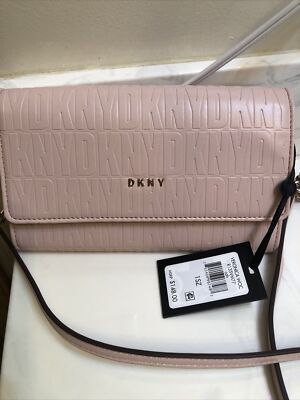 DKNY Veronica Blush Pink Logo Embossed Wallet On Chain Faux