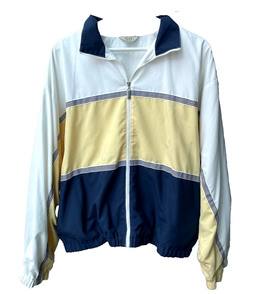 复古 80 年代 TEDDI 色块风衣夹克白色黄色海军蓝 - L 码(Est — 第 3/4 张图片