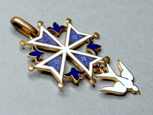 Huguenot Cross, Holy Spirit. Antique Religious Enamel Pendant. Large Medal. - Picture 2 of 7