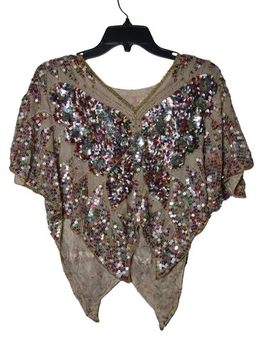 Vintage Womens Multicolor Sequin Butterfly Top Fairycore Vtg Glam Party Glittery - Picture 2 of 8