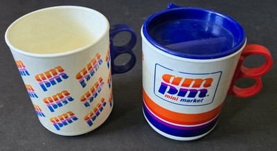 (2) Vintage AM/PM Hills Bros Coffee Plastic Mug Mini Market 