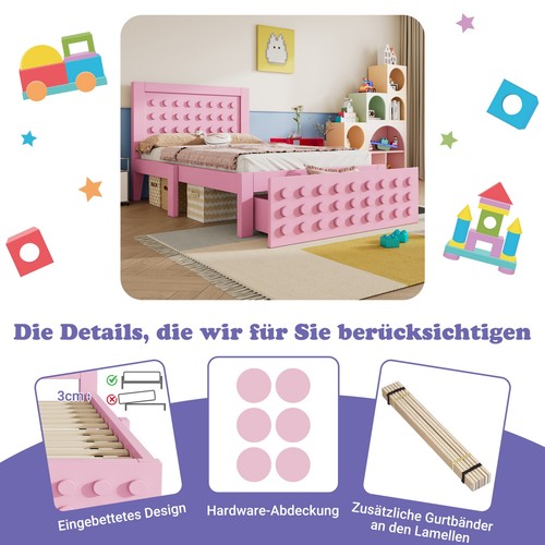 Holzbett 90x190 Kinderbett Jugendbett Bettgestell mit Lattenrost, Schublade Rosa - Bild 3 von 12