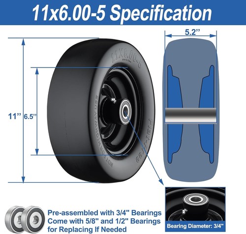 11x6.00-5 Flat Free Tire for Zero Turn Mower Puncture-Free 400lbs Load - Picture 4 of 8
