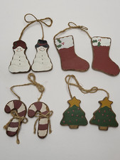 Wooden Christmas Ornaments Jute Rope Hanger Seasonal Rustic Primitive Set of 4