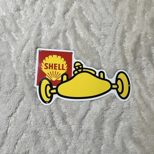 VINTAGE SHELL GASOLINE RACER RACE CAR 10" DIE CUT PORCELAIN METAL GAS & OIL SIGN