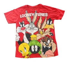 Looney Tunes T-Shirt Graphic Red Cartoon Characters Bugs Tweety Taz Daffy Small
