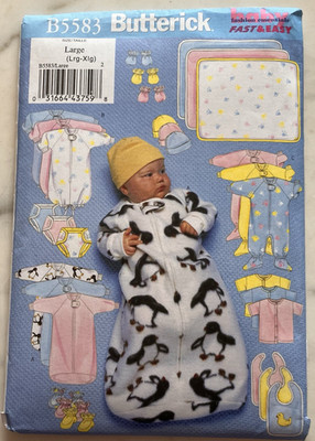 Butterick B5583 Infant Sleep Sack, Jumpsuit, Gown, Hat, Mittens, Booties Sz L-XL