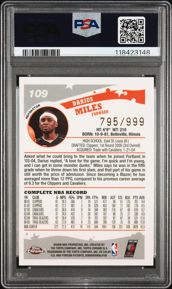 2005 TOPPS CHROME REFRACTOR #109 DARIUS MILES 795/999 PSA 9 - Image 2 of 2