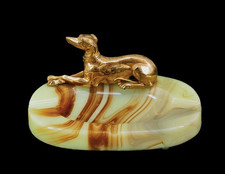 Vintage Art Deco Slag UV Glow Uranium Glass Oval Ashtray w/ Greyhound Dog Figure