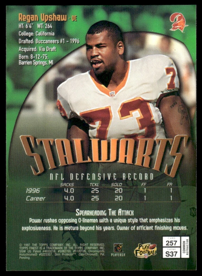 1997 TOPPS Finest Refractors Regan Upshaw Rookie Tampa Bay Buccaneers #257 R96 - Image 2 of 2