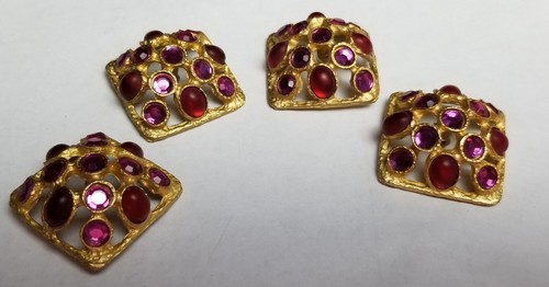 5 Gorgeous Vintage Jacket Buttons Pink, Red Stones set Gold Metal  1-1/8" x 5/8" - Picture 6 of 11