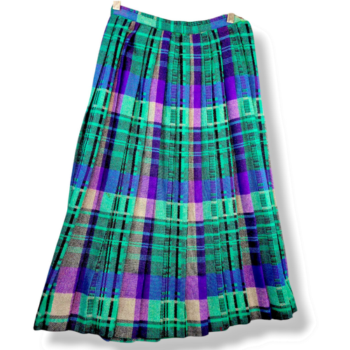 VTG Y2K Jack Winter Wool Skirt Plaid Pleated Sz 8 27" Green Purple Zip Academia