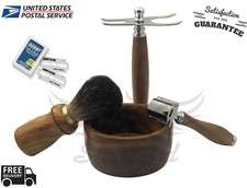 4 Piece Shaving Set Brown Brush Badger  Wood Safety  Top Mens Gift Kit USA