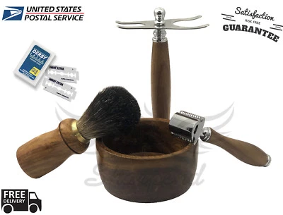 SHARPEND Wooden Wet Shaver Kit - Safety Razor - Shaving Brush - Stand. Luxury 4 Pcs Set