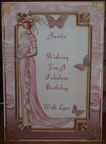 HANDMADE ART DECO BIRTHDAY CARD AUNTIE LADY IN PINK PERSONALISED 2021 DESIGN - Picture 2 of 3