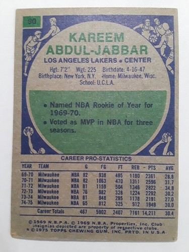 Tarjeta de baloncesto 1975-76 Topps Kareem Abdul Jabbar #90 Los Angeles Lakers - Imagen 7 de 7