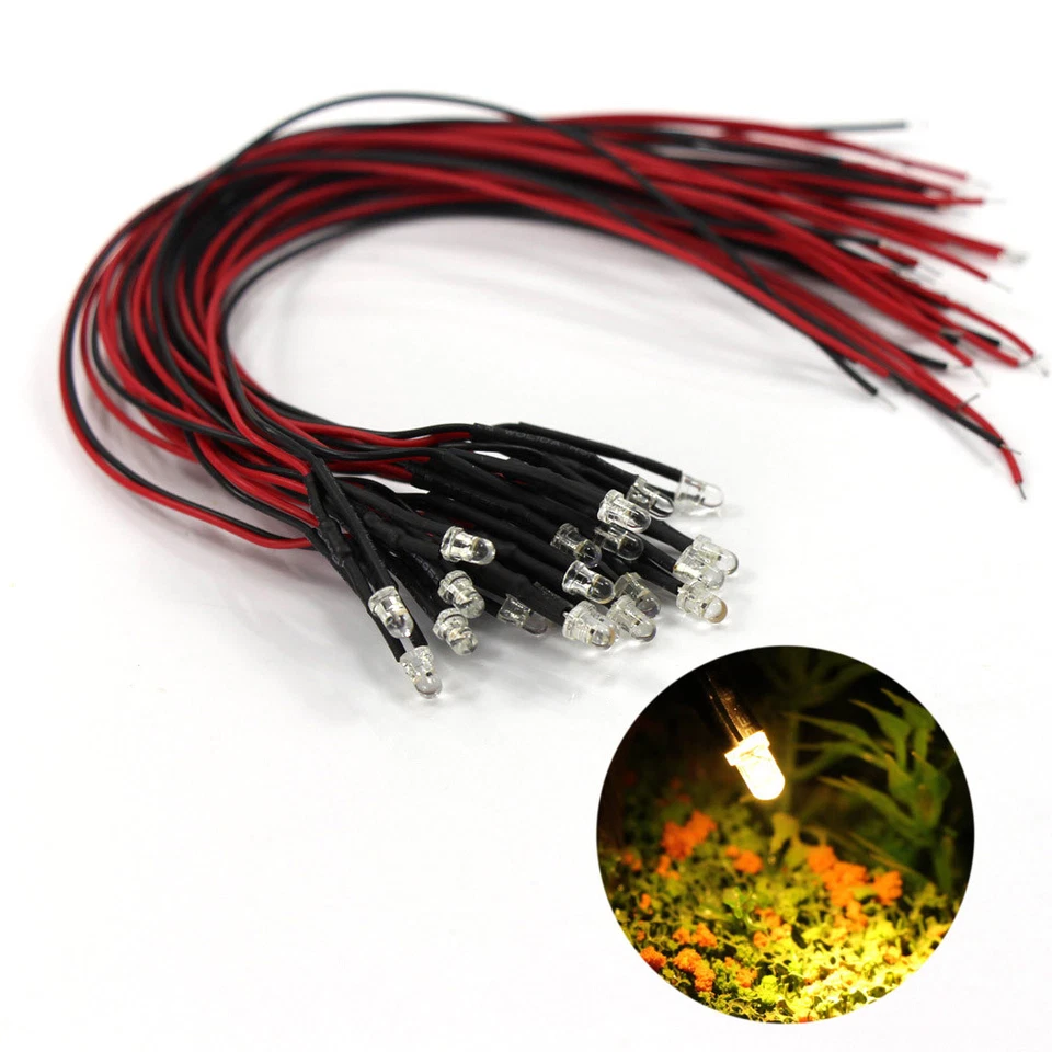 20pcs Pre-wired Resistor 26awg 20cm Wire Warm White 3mm LED Light Lamps 12V - Image 2 of 4