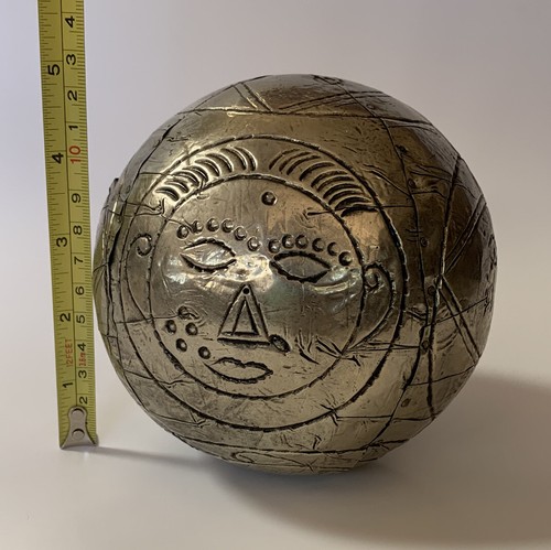 Abstract Faces Decorative Ball Folk Art Metal Wrapped Sphere Face Silver Tone - Picture 6 of 11