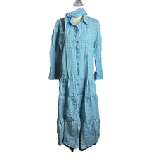 Vonda Dress Women XL Blue Plaid Maxi Tiered Panel A Line Shirt Dress Long Sleeve