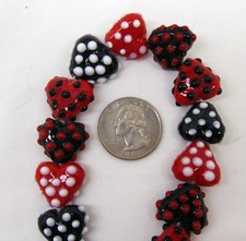 Strand Heart Beads w/ Polka Dots ~Approx 24 beads ~ Black + Red 18mm Smooth back