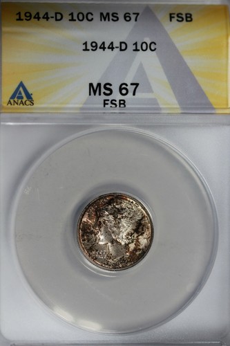 1944-D .10 ANACS MS 67 FSB Mercury, Winged, Liberty Head Dime