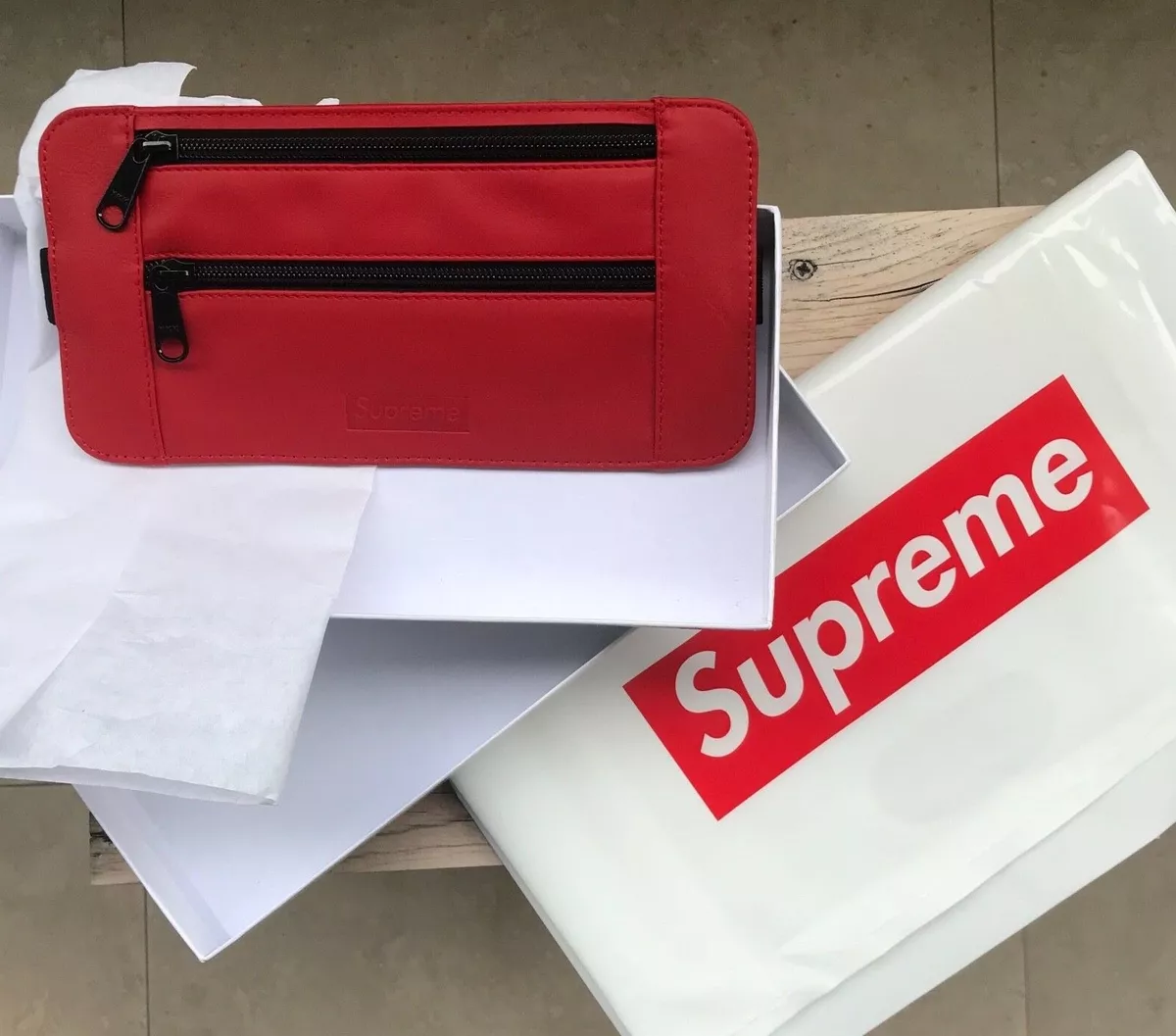 SUPREME Leather Waist Shoulder Pouch Bag Red Box logo Mark