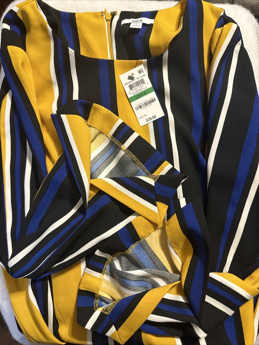 BAR III Sunkissed Blue Black Dijon Yellow Stripe Crepe Shift Dress Large  NWT | eBay