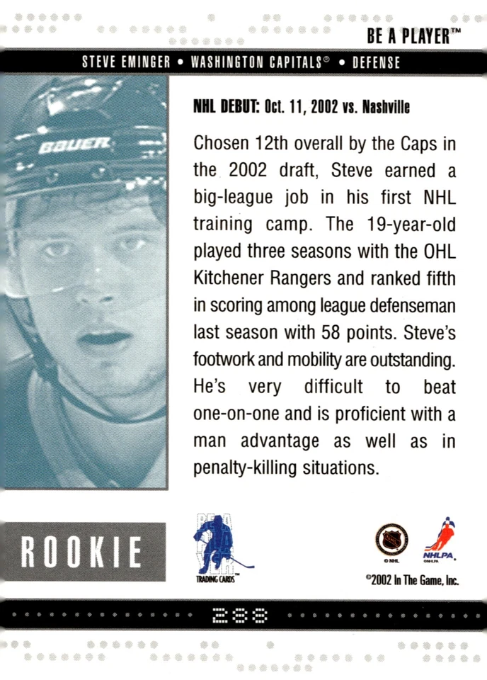 Steve Eminger - Signed 2002-03 In The Game Be A Player Rookie Card #288 - Image 2 of 2