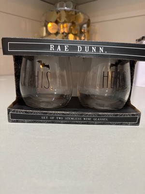 Rae Dunn Halloween His and Hers Stemless Wine Glasses 2 In Boxed Set New!