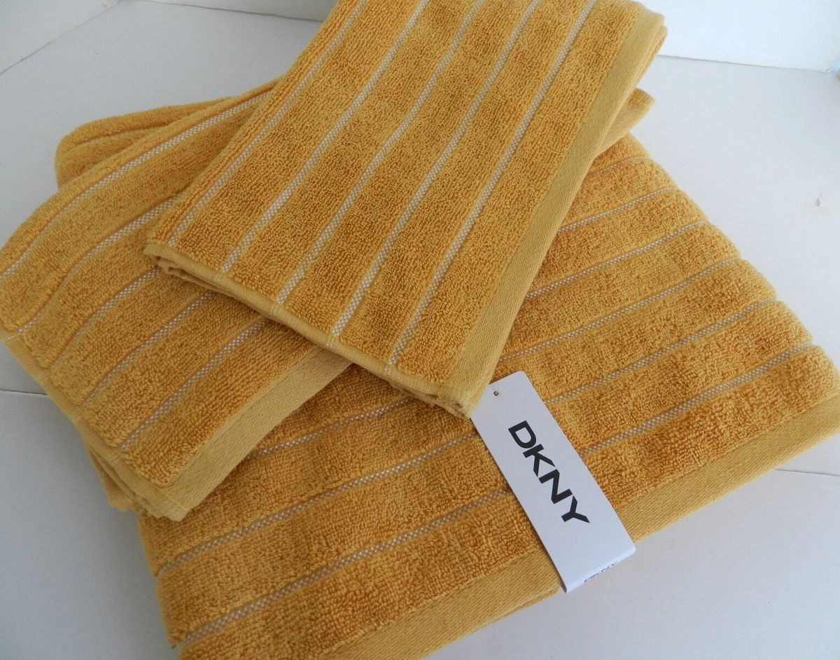 DKNY 1 (One) Bath 2 (Two) Hand Towels Set Gold Yellow Striped