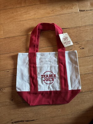 Trader Joe's NEW Limited Edition Embroidered HTF MINI CANVAS TOTE BAG RED