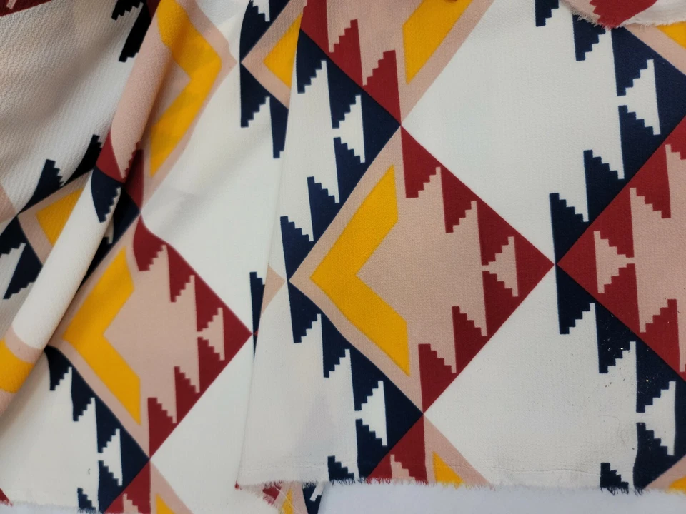 Multicolor Stretch Crepe Fabric By The Yard Yellow Blue Etnihc Pattern Fashion  - Image 2 of 4