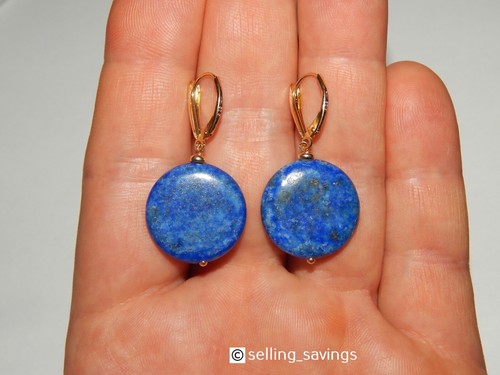 14K YELLOW GOLD 16.00 TCW CABOCHON LAPIS 1.6 INCH LONG LEVERBACK DROP EARRINGS - Picture 9 of 12