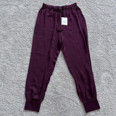 Theory Rib Cuff Silk Jogger Pants Womens Small Red Bordeaux Satin Lounge