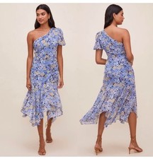 ASTR The Label Dress Small blue Floral One Shoulder Midi Asym. Fit & Flare