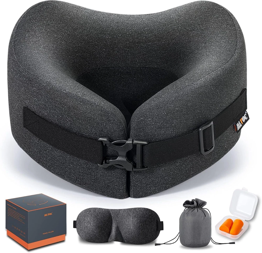 Memory Foam Travel Neck Pillow with Adjustable Comfort and Breathable Cover for Airplane Car Camping