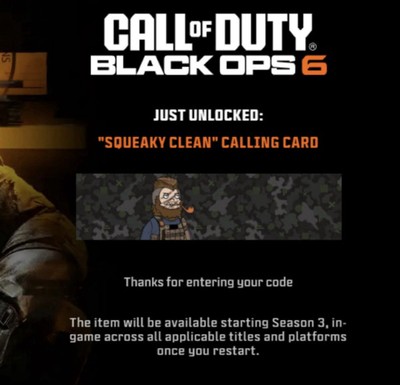   Call Of Duty Black Ops 6 SQUEAKY CLEAN CALLING CARD  BRAND NEW  