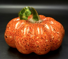 Large Handblown Orange Speckled Art Glass Pumpkin 7" Fall Decor Sculpture