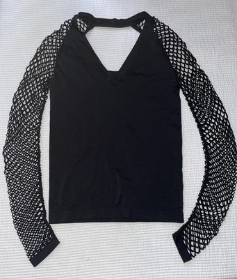 Venus Black L/S Stretch Top Women s V Neck Netting Fishnet Sleeves Goth Small S
