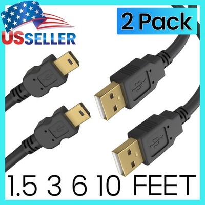 Mini USB Cable USB 2.0 Data Sync Charge Cord PC, GPS, Dash Cam Tablets - 2 PACK