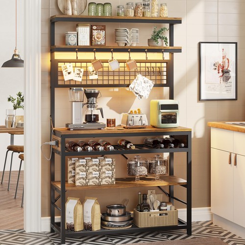 Bakers Rack with Power Outlet, 6-Tier Coffee Bar, Microwave Stand with Wine R...