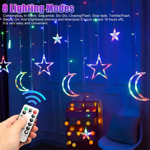 Ramadan Twinkling Star Moon LED Curtain Lights Fairy String Light Party Decor - Picture 5 of 17