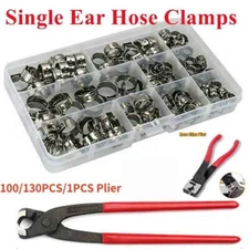 130X Assorted Hose Clamp Stainless Steel Ear Cinch Rings Crimp Pinch Pliers Set