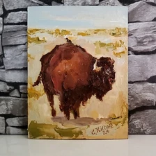 Bison Painting Original Animals Oil Art Abstract Modern Small Wall Fine Artwork
