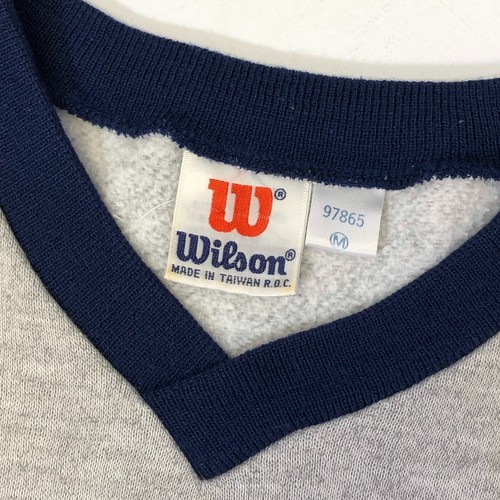 80's Wilson Men Heather Gray SPELLOUT V-Neck Blue RINGER Sports Sweatshirt M - Picture 2 of 5