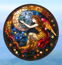 Angel Crescent Moon & Stars Faux Stained-Glass WINDOW CLING Size 8" Round Vinyl