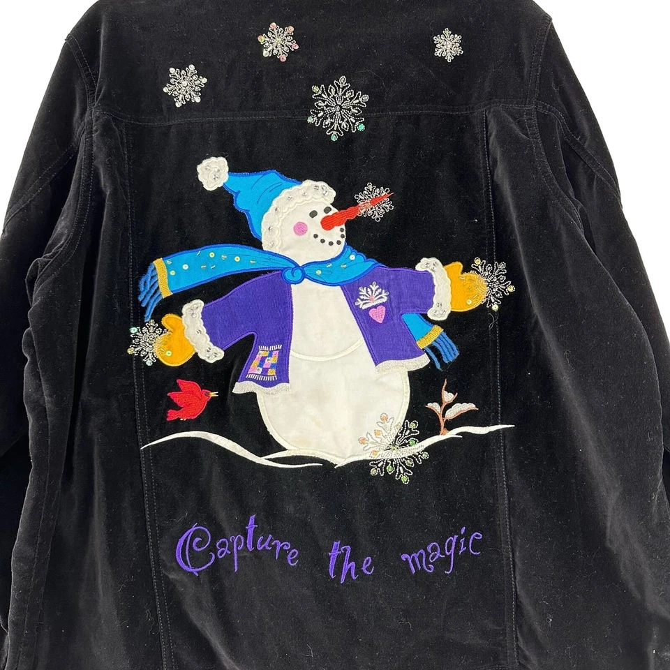 Quacker Factory Womens Christmas Jacket Womens Size L Velvet Embroidered Snowman - Image 3 of 4