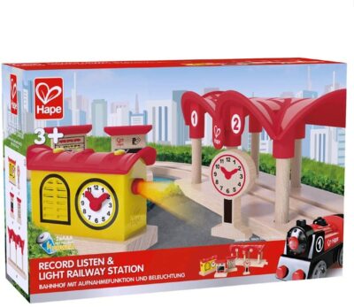 Hape Wooden Railway Record, Listen, & Light Railway Station Kid's Train Set