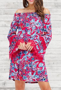 Floral-Dress-Mini-Tunic-Size-XL-Off-Shoulder-Lace-Trim-Fuchsia-Red-Batwing-Boho